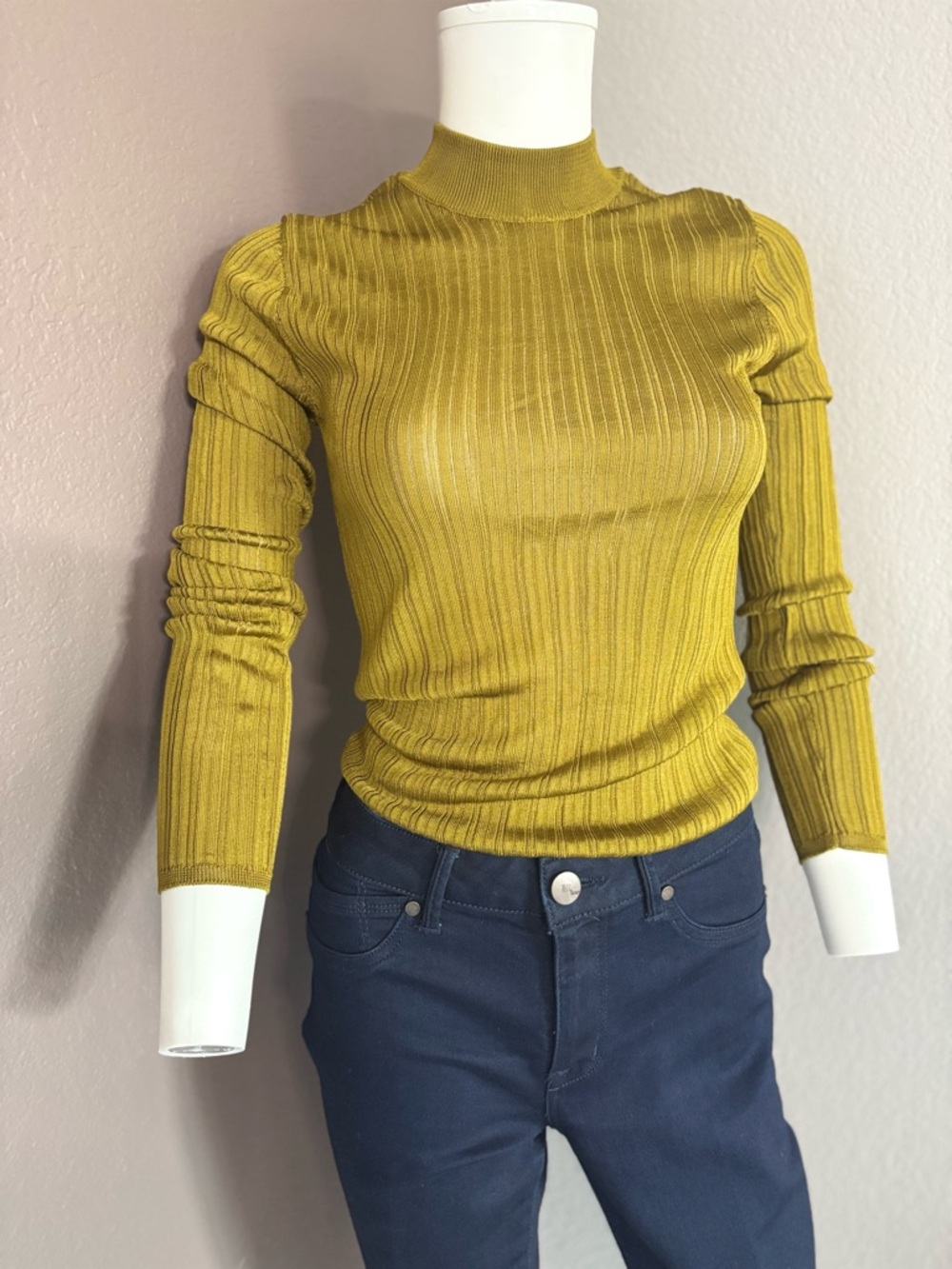 Zara Olive-Mustard Ribbed Mock Neck Long Sleeve Top